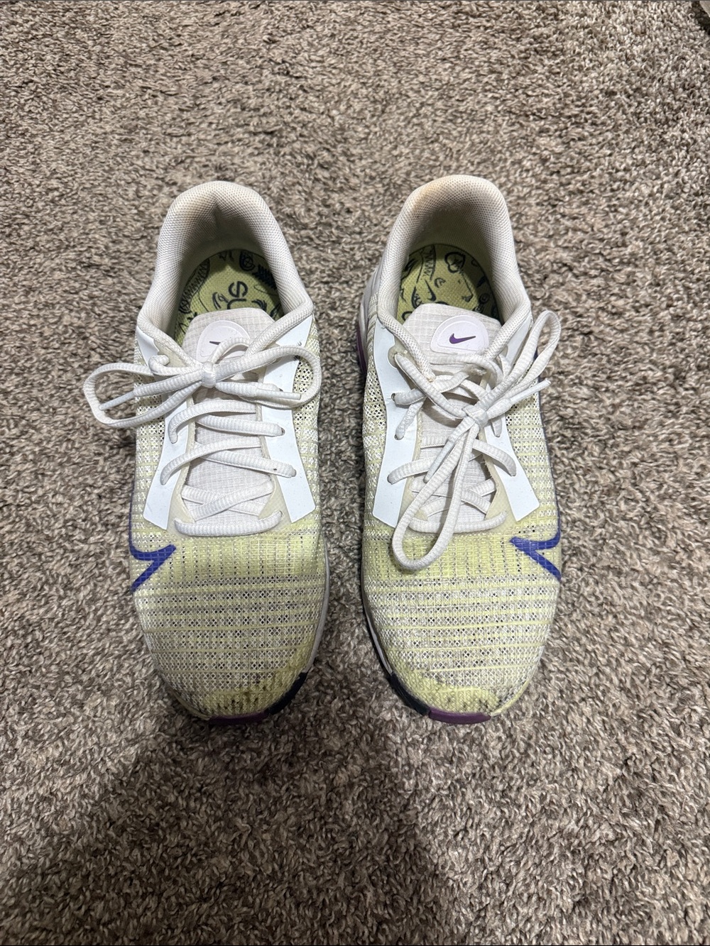 Nike Kids White and Light Green Sneakers with Purple Swoosh